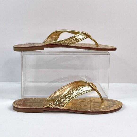 Tory Burch Thora Sandals Womens 6 Gold Glitter Thong Flip Flop Shoes Metallic - Picture 2 of 11